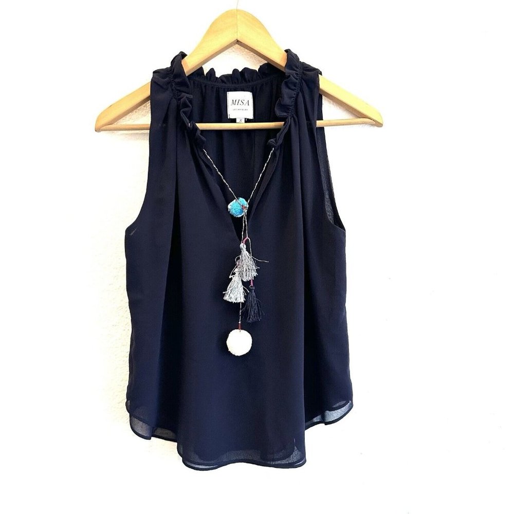 Misa Los Angeles Pom Pom Sleeveless Top Navy Blue Size Small